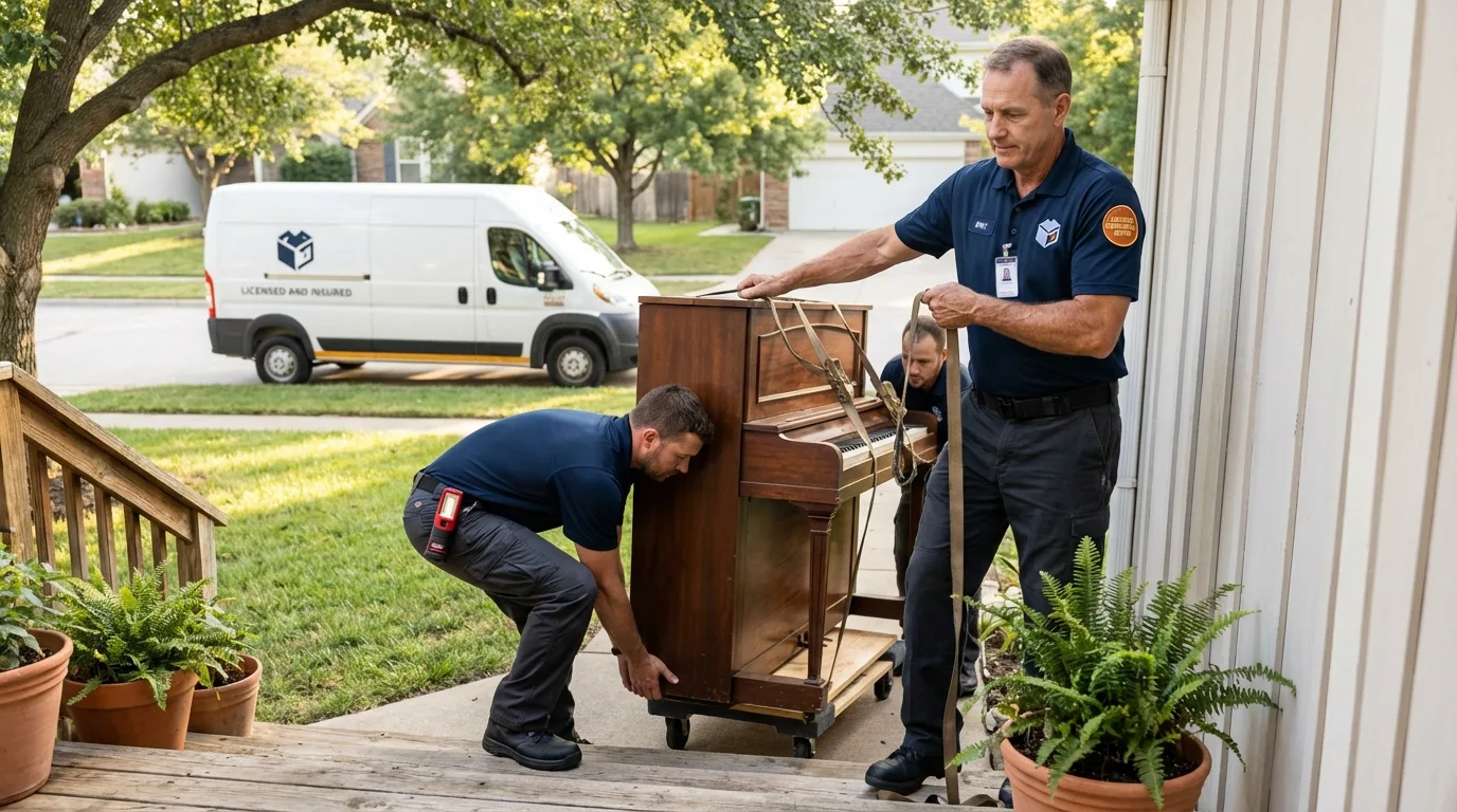 Licensed piano movers securing grand piano in Archer, FL