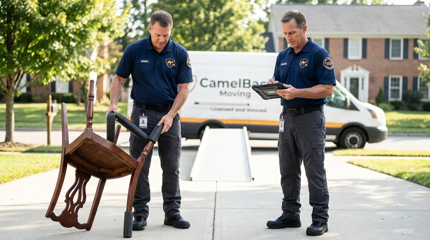 Movers inspecting furniture for damage prevention before loading in Archer, FL